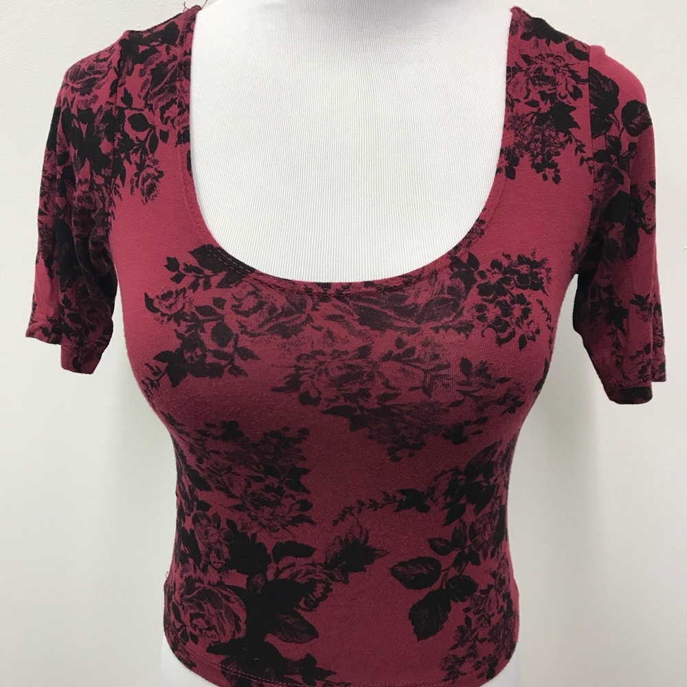 Nollie Maroon Black Floral Print Crop Shirt Top XS